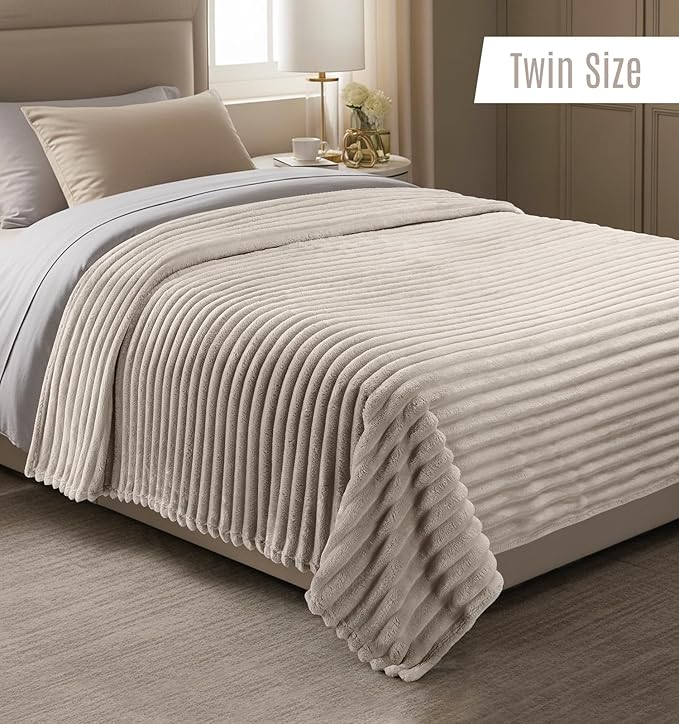 Utopia Bedding Linen Striped Fleece Blanket Twin Size – Fluffy, Warm & Lightweight Ribbed Throw for Bed, Sofa & Chair - Soft Cozy Blanket for Home Décor & Gifting (60x80 Inches)