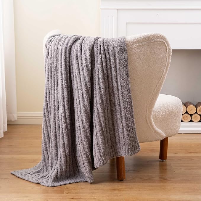 BATTILO Throw Blanket for Couch, Fluffy Soft Plush Grey Chenille Blankets, Cozy Warm Lightweight Blanket for Bed, Sofa, Light Gray, 50"x60"