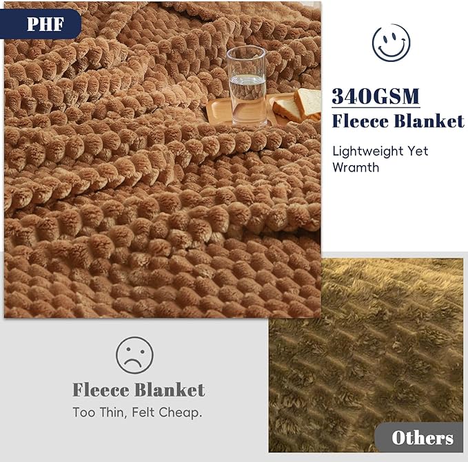 PHF Ultra Soft Flannel Fleece Blanket Twin Size, Lightweight 3D Jacquard Blanket, No Shedding, No Pilling, Luxury 340GSM Aesthetic Fluffy Cozy Bedding for Bed Room Decor, 66"x90", Brown Sugar/Toast