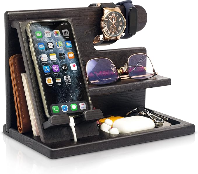 TESLYAR Wood Phone Docking Station for Men - Desktop or Nightstand Organizer - Birthday Gifts for Men, Dad - Anniversary Idea from Wife - Key Holder, Stand Wallet, Watch & Essentials (Granite Black)