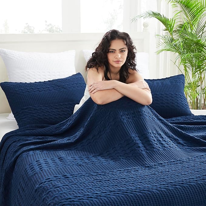VHC Brands 100% Cotton Waffle Weave Queen Blanket 90"x90", Decorative Lightweight Spring and Summer Throw Blanket, Bedroom Decor for Bed, Couch, or Sofa, Navy