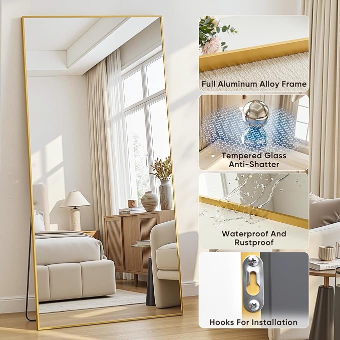 Antok Full Length Mirror, 58"x19" Floor Mirror with Stand, Hanging Mounted Mirrors for Bedroom, Living Room, Cloakroom, Dining Room, Gold, Rect