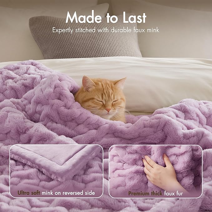 Madison Park Ruched Luxury Throw Premium Soft Cozy Brushed Long Faux Fur for Bed, Couch or Sofa, 50"x60", Purple