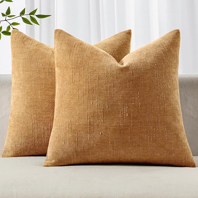 MIULEE Pack of 2 Decorative Throw Pillow Covers Soft Chenille Throw Pillows Solid Textured Cushion Covers Home Decor for Couch Sofa Bedroom Living Room 22x22 Inch,Golden Brown