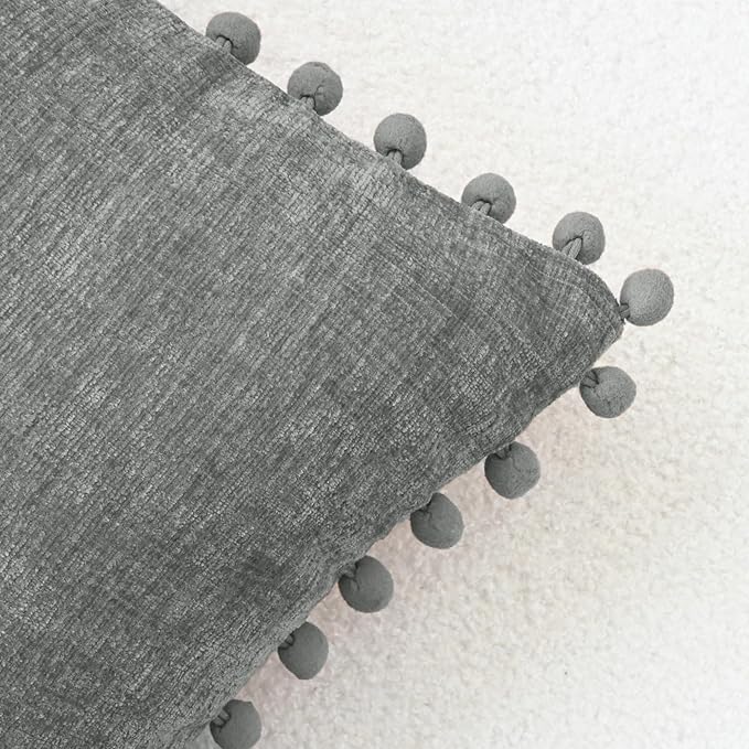CaliTime Throw Pillow Covers Decorative 20 X 12 Inches Pack of 2 Cozy Solid Dyed Soft Chenille Cushion Cases with Pom Poms for Couch Sofa Bed Living Room Home Medium Grey