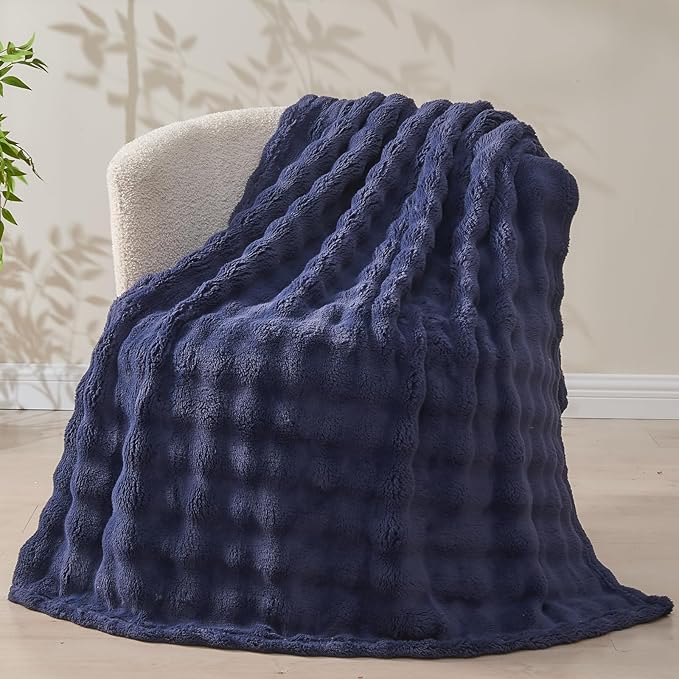 NEWCOSPLAY Throw Blanket for Couch Dark Navy Super Soft Flannel Fleece 3D Bubble Lightweight Bed Blanket All Season Use (Dark Navy, Throw(50"x60"))