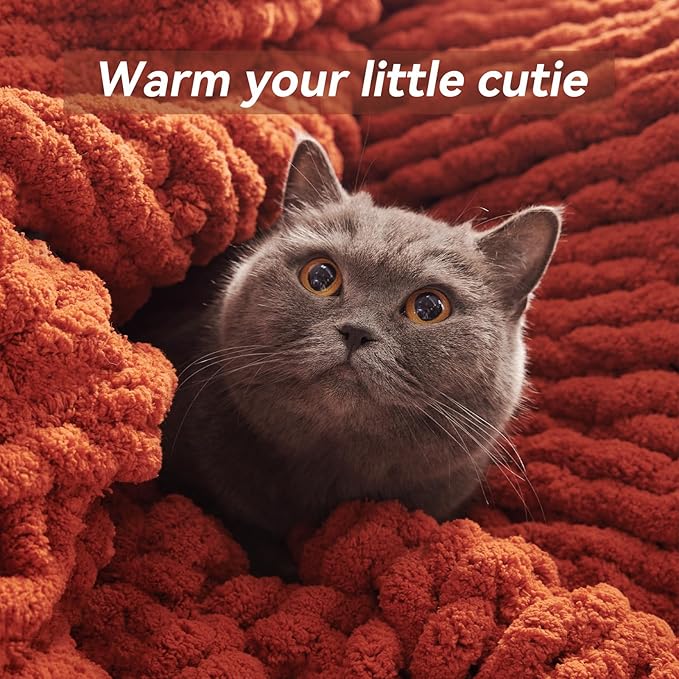 Chunky Knit Throw Blanket, 80''*90'' Knitted Throw Chenille Yarn for Bed Couch, Handmade Orange Crochet Big Thick Blanket, Machine Washable Cute Comfy Blanket for Home Decor