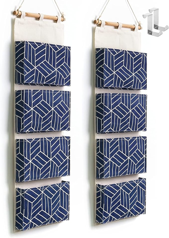 CROWNED 2Pcs Over Door Hanging Storage Bags Wall Mount Closet Organizer, 4 Big Pockets Linen Cotton Fabric Multi Functional Living Room Bedroom Bathroom File Magazine Waterproof Free Hooks Navy