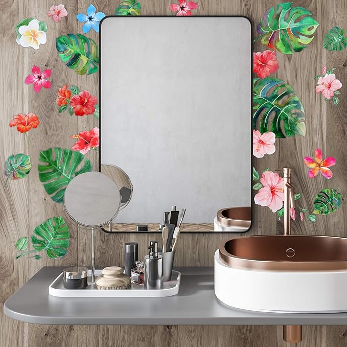 Zonon 66 Pieces Large Hawaiian Floral Wall Decals Jungle Tropical Palm Leaves Window Clings Removable Hibiscus Flower Wallpaper Stickers Green Plants Peel Sticker for DIY Craft Classroom Home Decor