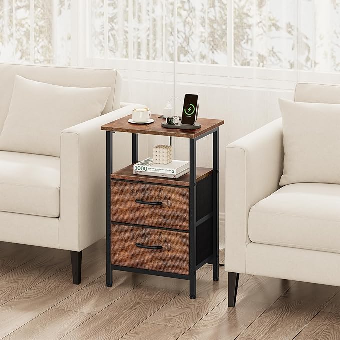 Vagusicc Nightstand Set of 2, Rustic Brown, with Charging Station and USB Ports, Bedside Table with 2 Fabric Drawers, 24.2" Tall Side Table with Storage Shelf,Small Night Stand for Bedroom/Living Room