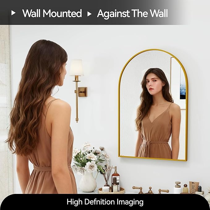 30x20 Arch Mirror Rectangle Wall Mounted Hanging or Against Wall Metal Aluminum Alloy Frame Mirrors for Entryway Bedroom Bathroom Living Room 30 20 inch Gold