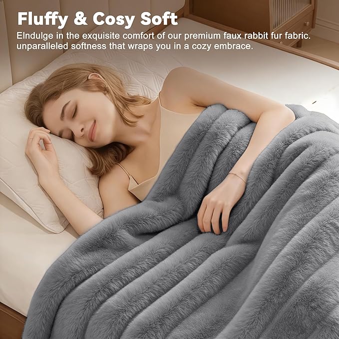 Faux Fur Twin Blanket for Couch,Cozy Soft Plush Thick Striped Luxury Blanket for Sofa Living Room Bedroom,60 * 80 Inches, Grey