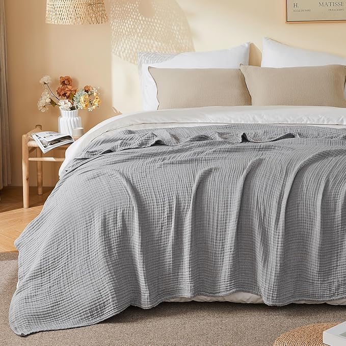EMME Cotton Muslin Large Throw Blanket Couch Breathable Gauze Soft Lightweight Bed Blankets Adults (Heather Grey, 50"x70")