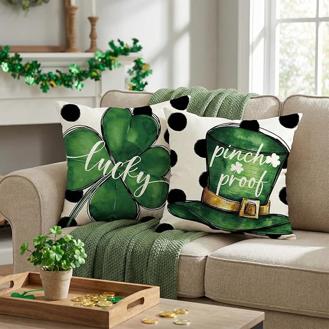 ONFAON St Patricks Day Pillow Covers 18x18 Set of 4 St Patricks Day Decorations Green Shamrock Farmhouse Holiday Green Themed Pillow Case Gift for Home Sofa Couch