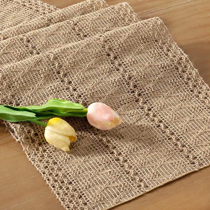 Socomi Boho Table Runner Easter Spring Farmhouse Burlap Jute Bamboo Rustic Dining Kitchen Centerpiece Decor Small Macrame Woven Coffee Table Runner for Dresser Scarf Home Decor 12x72 inch