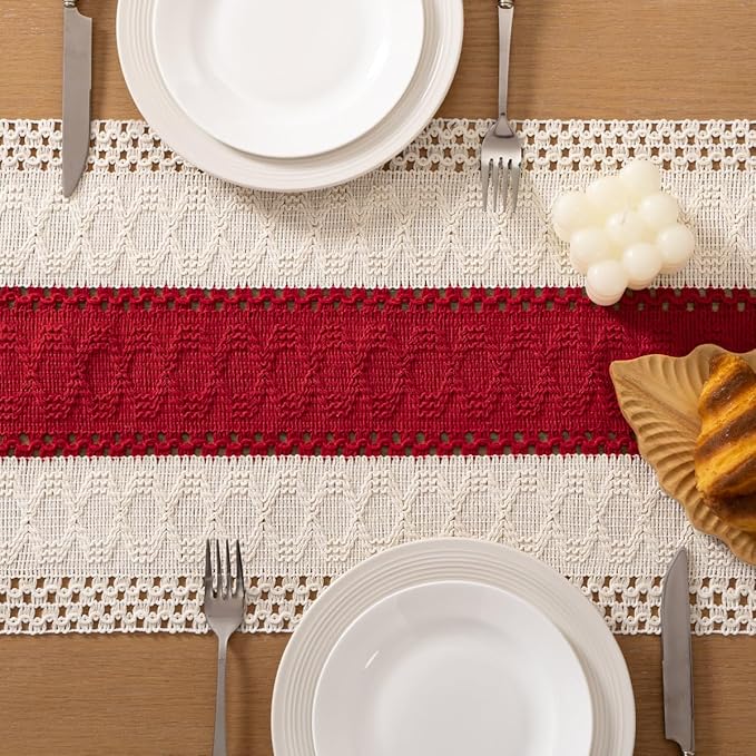 Socomi Boho Table Runner Macrame Easter Spring Farmhouse Woven Cotton Linen Rustic Coffee Table Runner with Tassels for Dresser Scarf Home Decor Dining Room 12x90 in Red Ivory