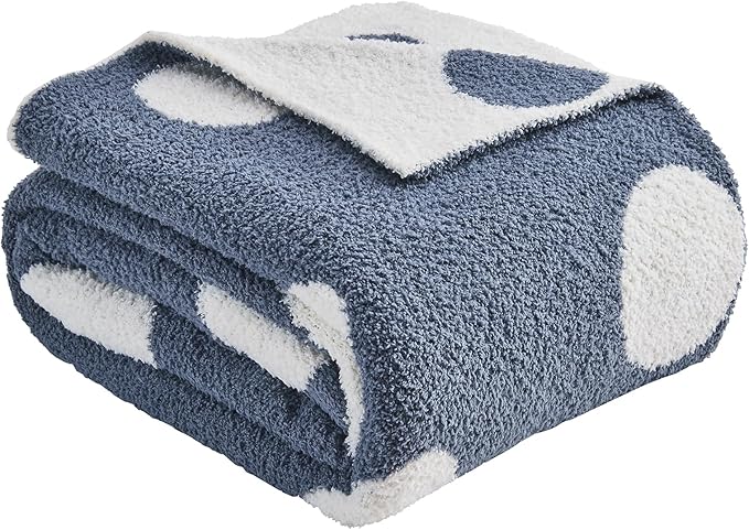 CozeCube Super Soft Fullfy Microfiber Reversible Knitted Blankets, Warm Cozy Fuzzy Plush Throw, Dusty Blue and White Polka Dot Throw Blanket for Couch Bed Sofa, 50" x 60"