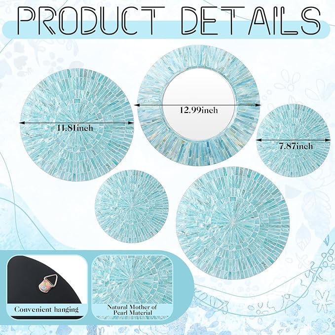Wesiti 5 Pcs Gifts Natural Mother of Pearl Mirror Wall Decor Christmas Housewarming Gift Handmade Coastal Wall Plates Art Hanging Art for Bedroom Bathroom Decoration