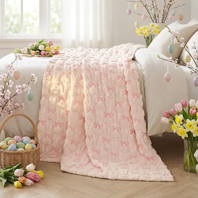 Horaldaily Easter Solid Blanket Throw, Pink Rabbits Bow Soft Fuzzy Plush Faux Fur Cozy Blankets for Couch Sofa Bed Lounging, Ideal Gifts for Kids Adults Wife Self, 50x60