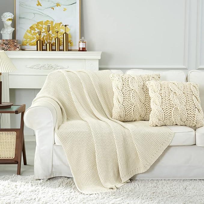 Chunky Cable Knit Throw Blanket Lightweight Cream 100% Organic Cotton Blanket for Sofa Couch Bed Baby Nursery, Rustic Shabby Chic Modern Farmhouse, 60” x 80” Give Laundering Bag