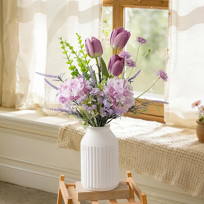 LUEUR Artificial Flowers with White Ceramic Vase – Spring Floral Centerpiece Table Decorations, Faux Tulip, Hydrangea & Lavender Flower Arrangement for Coffee Table, Dining Room, Spring Decor