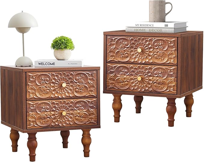 Nightstand, Farmhouse Bedside Table with 2 Drawers and Metal Handles, Wood Sofa Side Table End Table Accent Dresser for Bedroom, Living Room (Walnut-2 Packs) (15.75 x 16.02 x 18.15 Inch)
