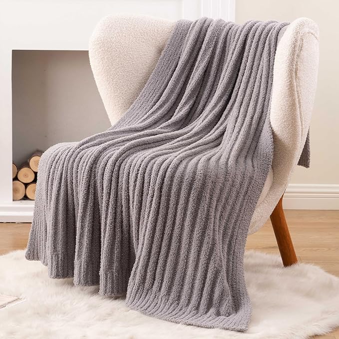 BATTILO Throw Blanket for Couch, Fluffy Soft Plush Grey Chenille Blankets, Cozy Warm Lightweight Blanket for Bed, Sofa, Light Gray, 50"x60"