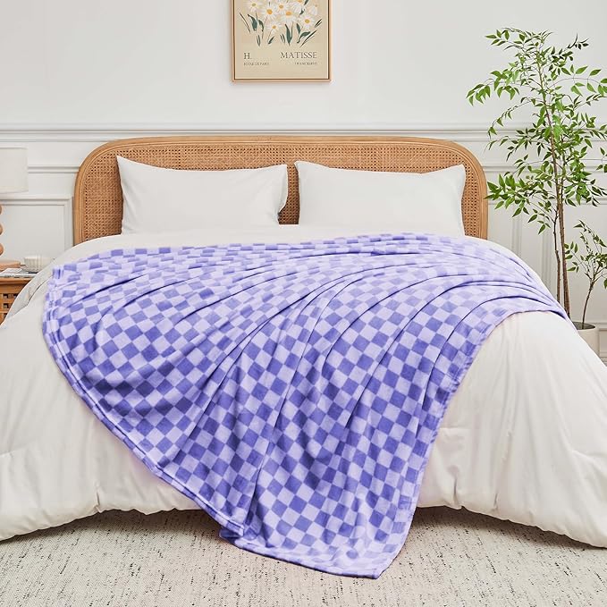 FY FIBER HOUSE Checkered Flannel Fleece Throw Blanket Queen Size Soft Cozy Checkerboard Grid Print Chessboard Gingham Pattern Blankets for Bed Couch Sofa, 90"x90", Periwinkle Blue