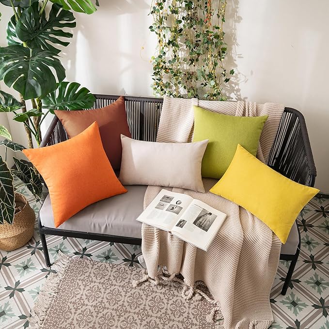 MIULEE Pack of 2 Decorative Outdoor Solid Waterproof Throw Pillow Covers Faux Linen Garden Farmhouse Cushion Cases for Summer Patio Tent Balcony Couch Sofa 16x16 Inch Bright Orange