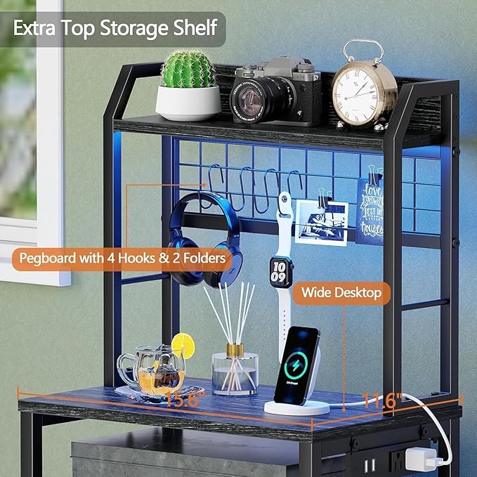 Furologee 40'' Tall Nightstand with Charging Station, Bedside Table with LED Lights, End Table with 2 Drawers and Storage Shelves, Night Stand with Pegboard for Bedroom, Black Oak