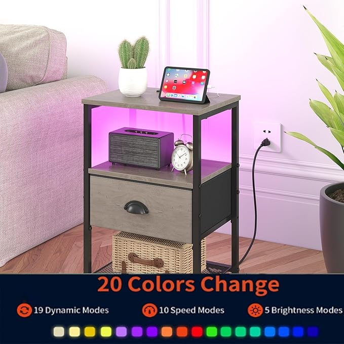 Nightstands Set of 2, LED Night Stands with Charging Station and Fabric Drawer, Bedside Tables with Drawers, 2- Tier LED Side Table End Table Charging Station Livingroom Bedroom, Grey