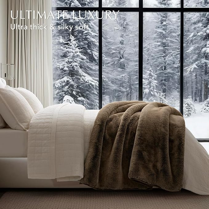 EVERGRACEHOME Luxury Soft Faux Chinchilla Fur Throw Blanket for Couch, Warm Thick Heavy Winter Throw Blanket 1220GSM for Bed, Fluffy Cozy Mink Blanket with Reversible Velvet, Brown Sable, 60"x80"