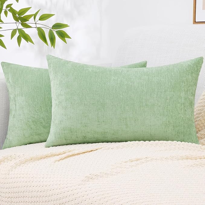 decorUhome Chenille Sage Green Summer Throw Pillow Covers 12x20 Inch Set of 2, Decorative Soft Couch Pillow Covers Solid Dyed Accent Farmhouse Neutral Rectangle Pillow Cases for Sofa