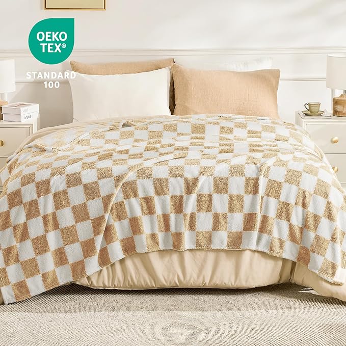 EMME Checkered Blanket Throw - 50"x60" Beige Knit Blanket Soft Fluffy Patterned Throw Blankets for Couch, Sofa, Chair, Bed, Camping, Picnic, Travel