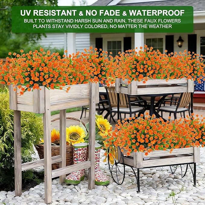20 Bundles Artificial Flowers for Outdoors Spring Summer Decor-UV Resistant Fake Mums Faux Plants Plastic Flowers Greenery for Home Porch Gardens Fireplace Patio Indoor Outsides Decor(Orange Red)