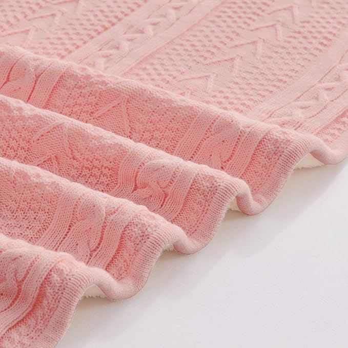 Longhui bedding Acrylic Pink Cable Knit Sherpa Throw Blanket - Thick, Soft, Big, Cozy Knitted Fleece Blankets for Couch, Sofa, Bed - Large 60 x 80 Inches Coverlet All Season