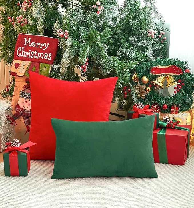 Pack of 2 Christmas Red Pillow Covers 20x20 Inch Decorative Throw Pillow Cover, Velvet Pillowcases for Couch Sofa Bed, Home Boho Decor, Modern Soft Cushion Covers