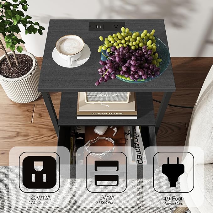 TUTOTAK End Table with Charging Station, Side Table with 2 USB Ports and Outlets, Nightstand with Cloth Drawer, Set of 2, Couch Table, Black TB01BK052
