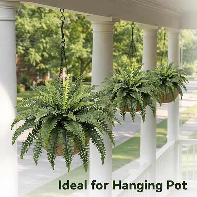 Fake Ferns, 35IN Large Fake Bush Plants, 2 Artificial Boston Ferns with 39 Fronds for Outdoor Hanging Planter Garden Porch Entrance Home Decor