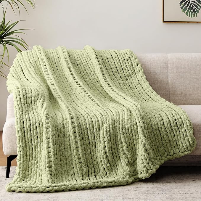 Chunky Knit Throw Blanket, 50''*60'' Knitted Throw Chenille Yarn for Bed Couch, Handmade Light Green Crochet Big Thick Blanket, Machine Washable Cute Comfy Blanket for Home Decor