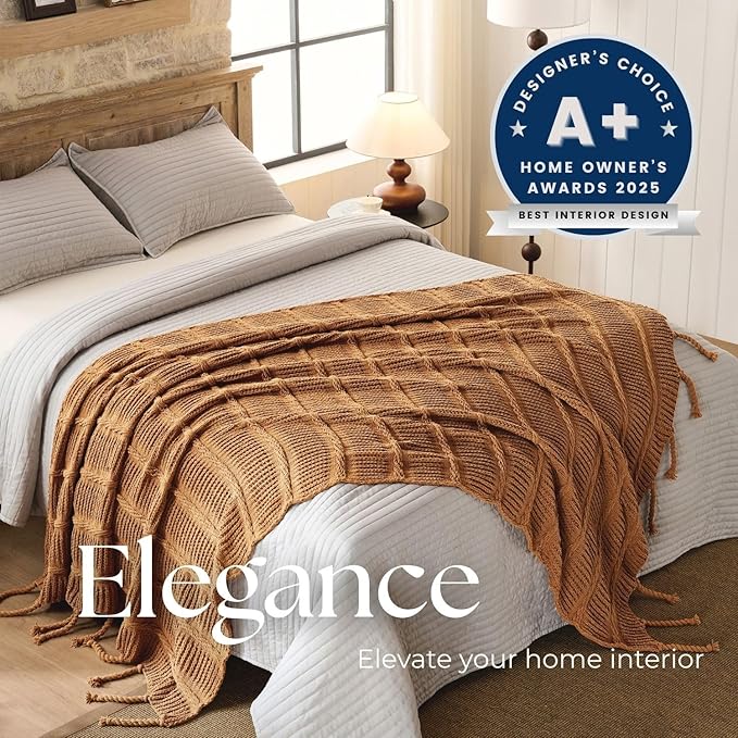 Boho Knitted Chenille Blanket with Tassels - Lightweight & Soft All-Season Throw - 3D Classic Pattern for Living Room Bedroom Couch, Amber Brown, King 90"x108"