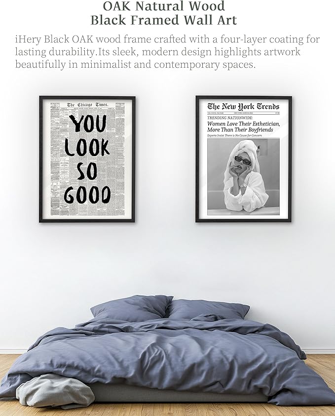 iHery Premium Natural Black OAK Wood 16x20in You Look So Good Trendy Inspirational Framed Wall Art, Vintage Girl Newspaper Motivational Canvas Wall Decor For Dorm Bedroom Living Room Posters 1Pack