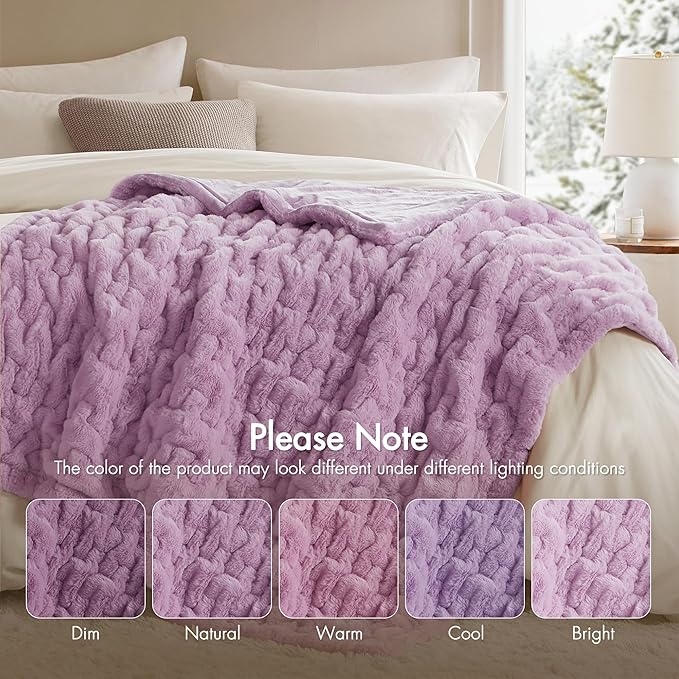 Madison Park Ruched Luxury Throw Premium Soft Cozy Brushed Long Faux Fur for Bed, Couch or Sofa, 50"x60", Purple