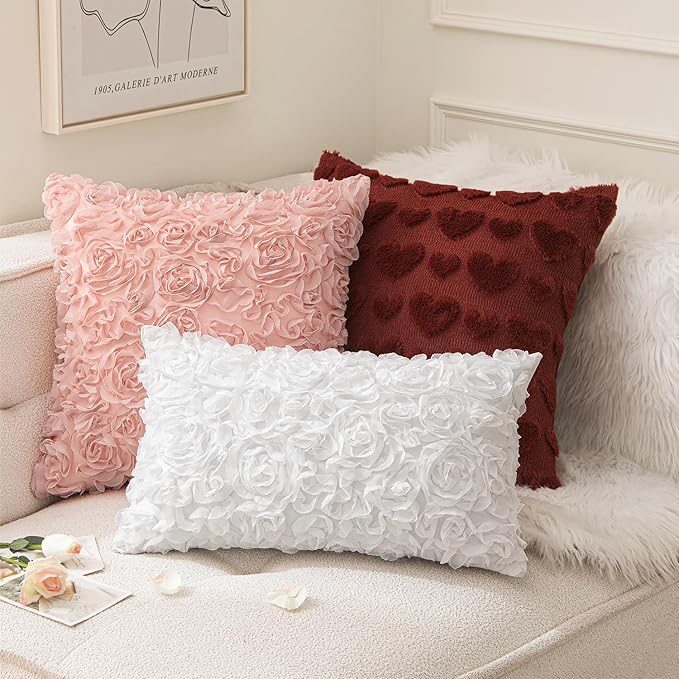 MIULEE 3D Rose Flower Pillow Cover Decorative Spring Floral Romantic Stereo Chiffon Aesthetic Solid Pillowcase for Girl Bedroom Living Room Decor 12x12 Inch Peach Pink