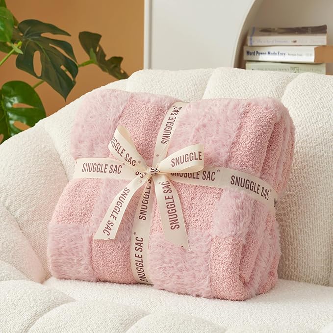 Snuggle Sac Checkered Throw Blanket,Fluffy Faux Fur Knitted with Soft Microfiber Warm Throw Blankets for Couch, Sofa, Chair, Bed, Camping, Picnic, Travel, Solid Pink, 50x60 inches