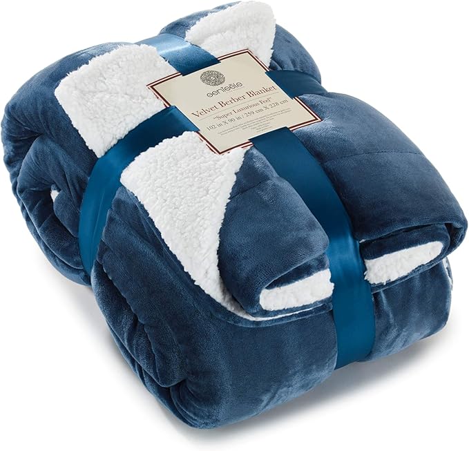 Genteele Sherpa Throw Blanket Super Soft Reversible Ultra Luxurious Plush Blanket, 102 x 90 inches, Navy/White