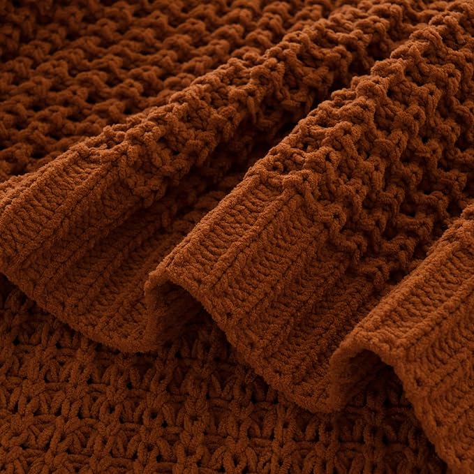 Bunnikins & Clover Knitted Waffle Blanket Throw, Fall Throw Blanket for Home Decoration, Caramel Throw Blanket for Couch, 60"x80"