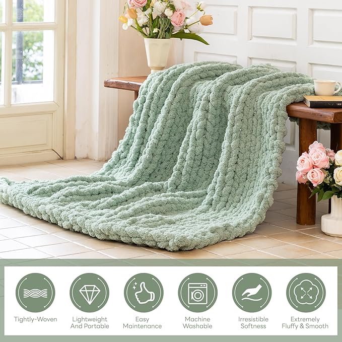 Chunky Knit Blanket - Luxury Soft Cozy 50 * 60 Throw Blanket,100% Woven Blanket Rope Knot Throw Blanket for Couch, Sofa, Home Decor, Gift - Machine Washable (Sage Green, 50 * 60)