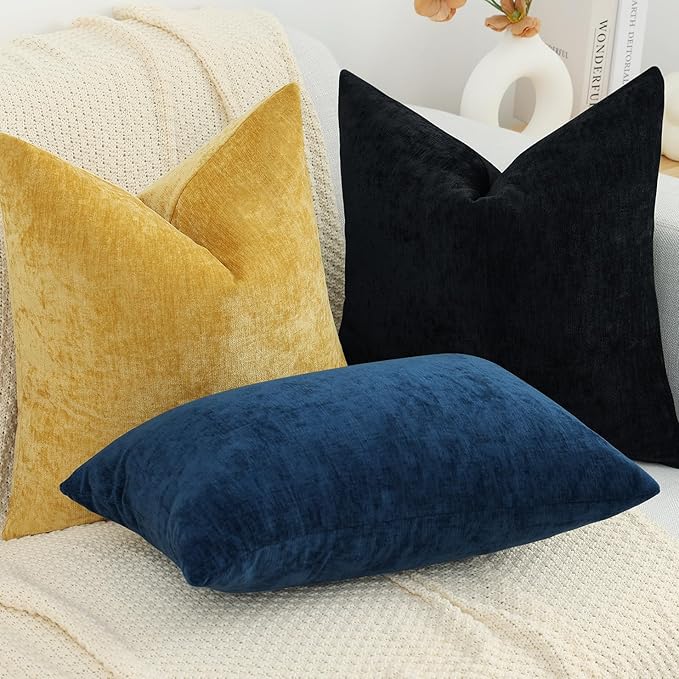 decorUhome Chenille Black Throw Pillow Covers 20x20 Inch Set of 2, Decorative Soft Couch Pillow Covers Solid Dyed Accent Farmhouse Neutral Square Pillow Cases for Sofa