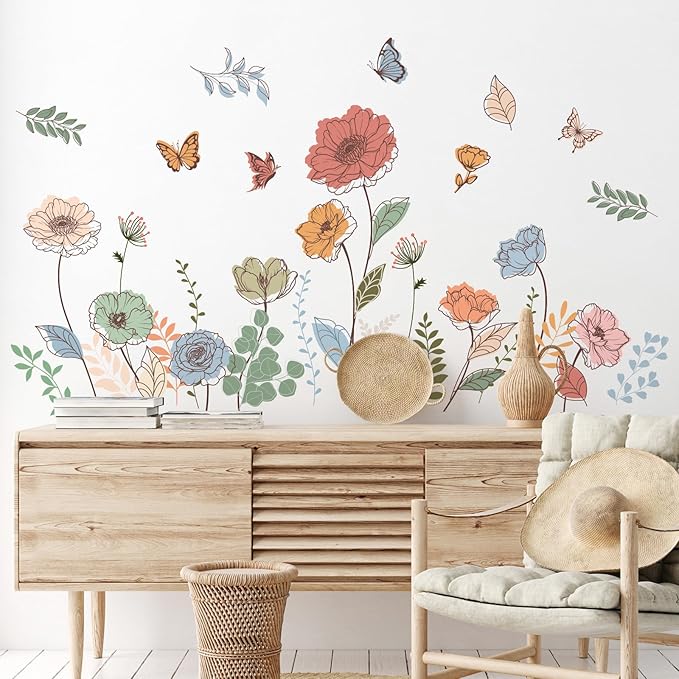 Zonon 6 Pcs Flowers Wall Decals Stickers Vinyl Removable Peel and Stick Colorful Dragonflies Floral Wall Murals Decor for Bedroom Living Room Nursery(Bohemian)